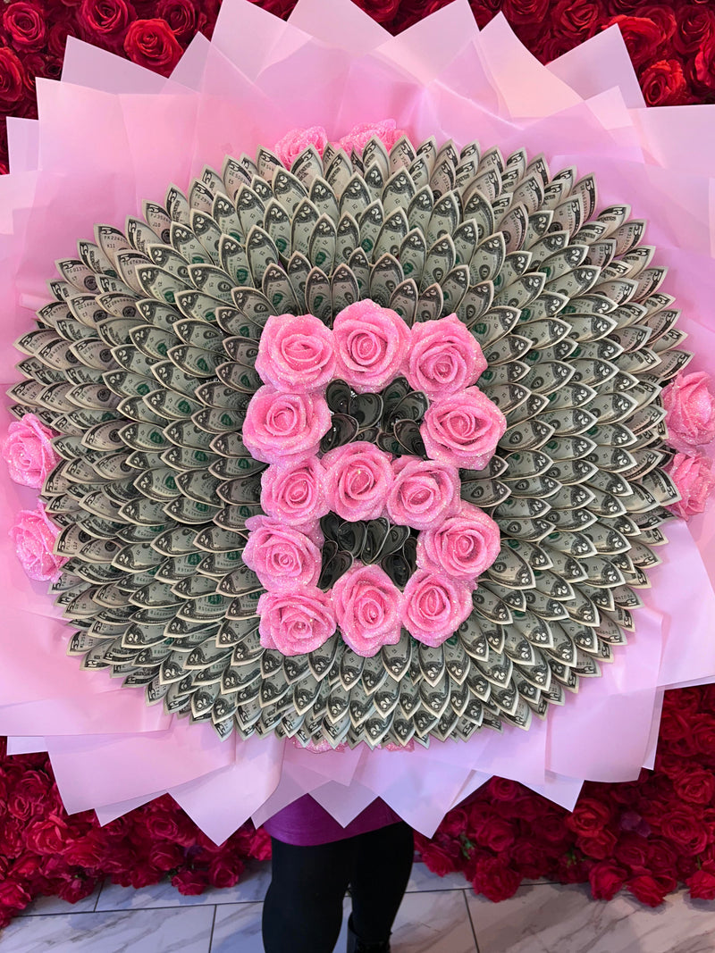 Personalized Floral arrangement made of dollar bills with pink roses in the form of letter B